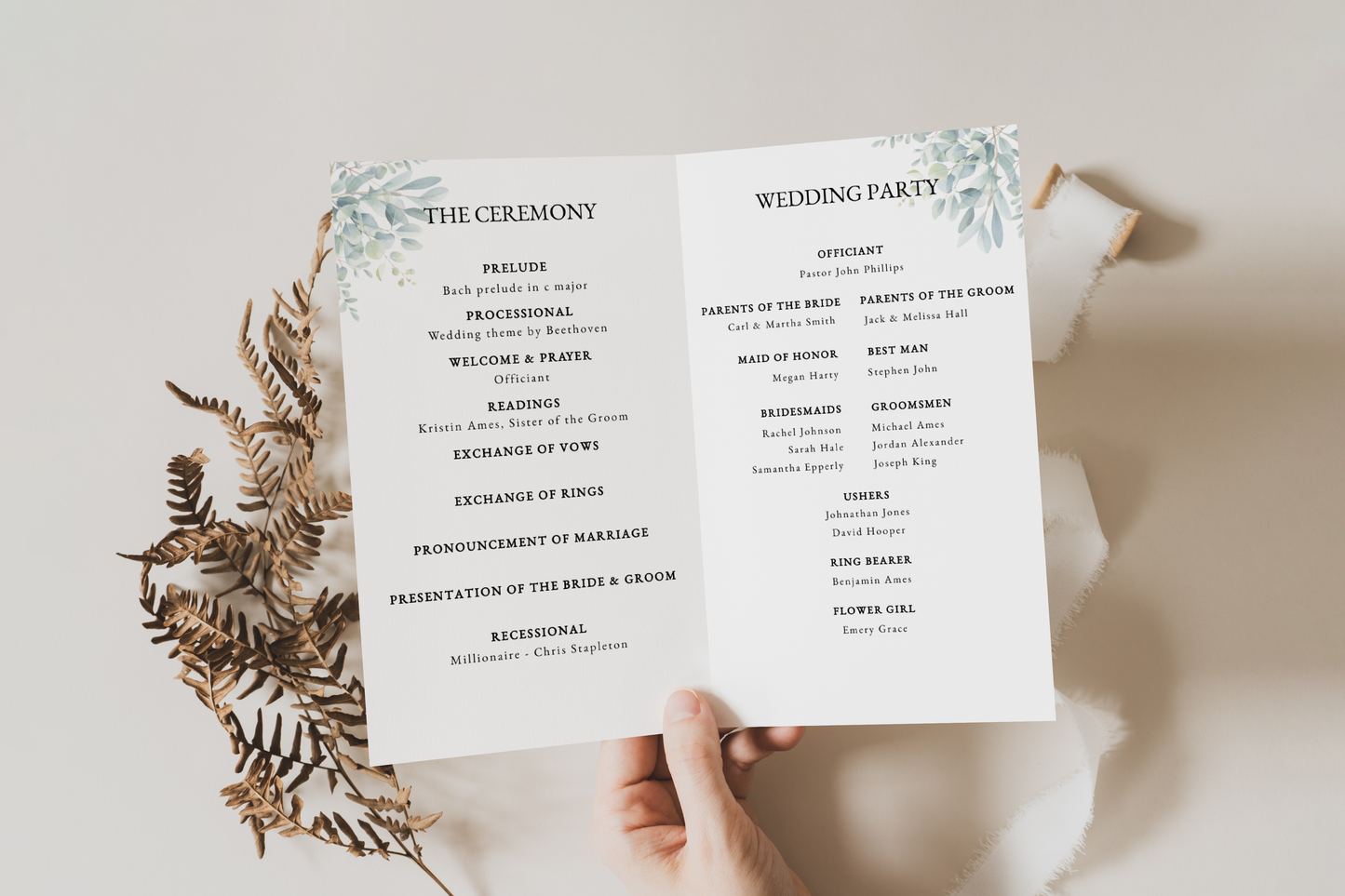 Eucalyptus Wedding Program Template EWP003