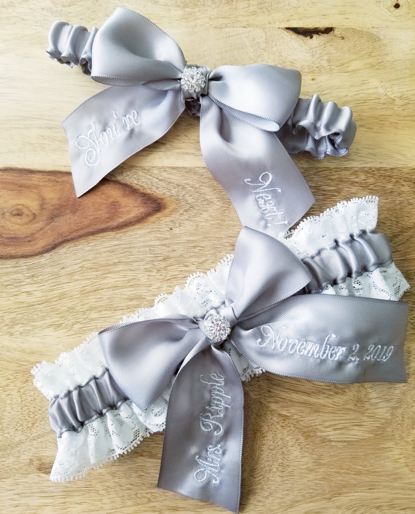 Silver Embroidered Bridal Garter Set