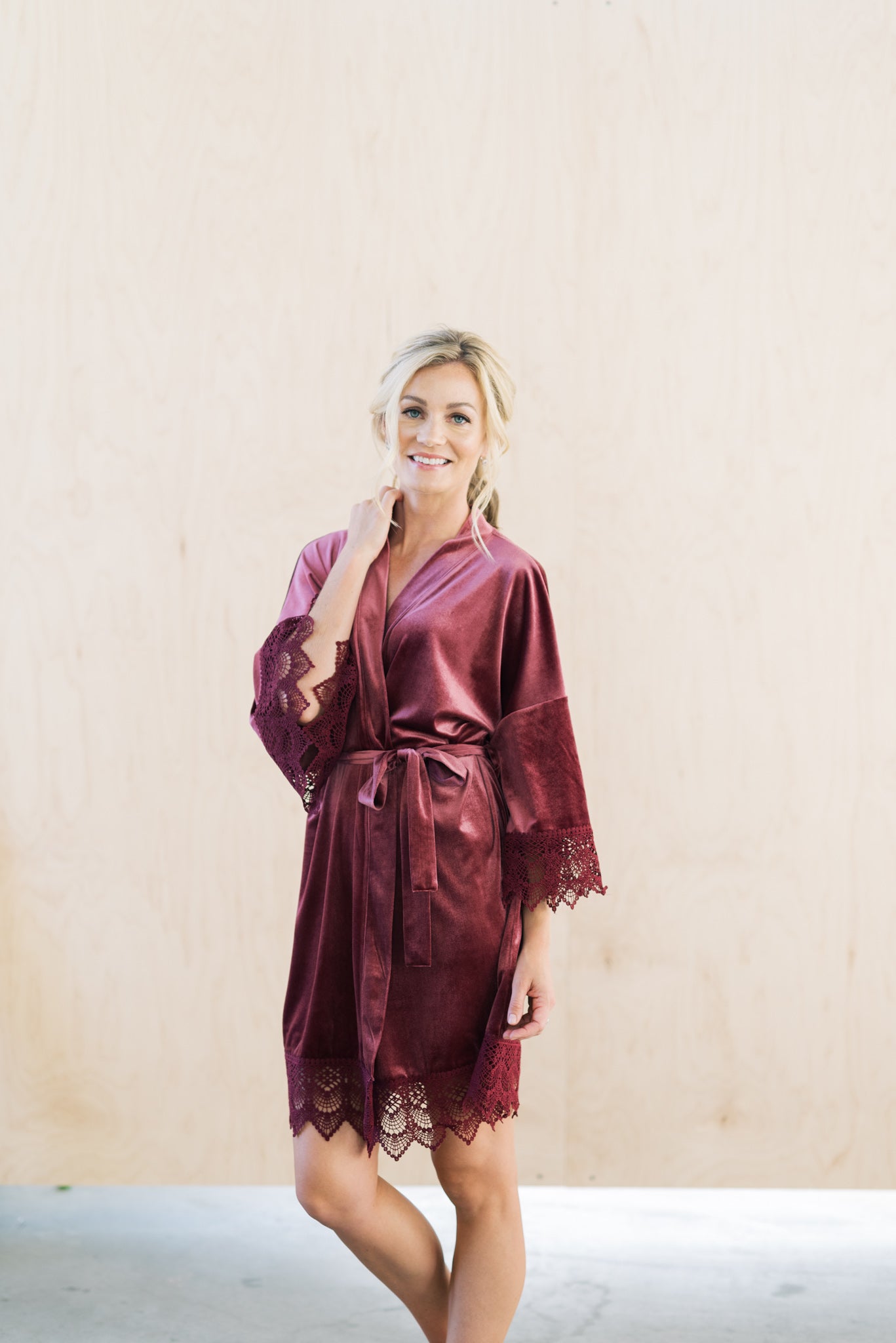 mauve velvet and lace wedding robe