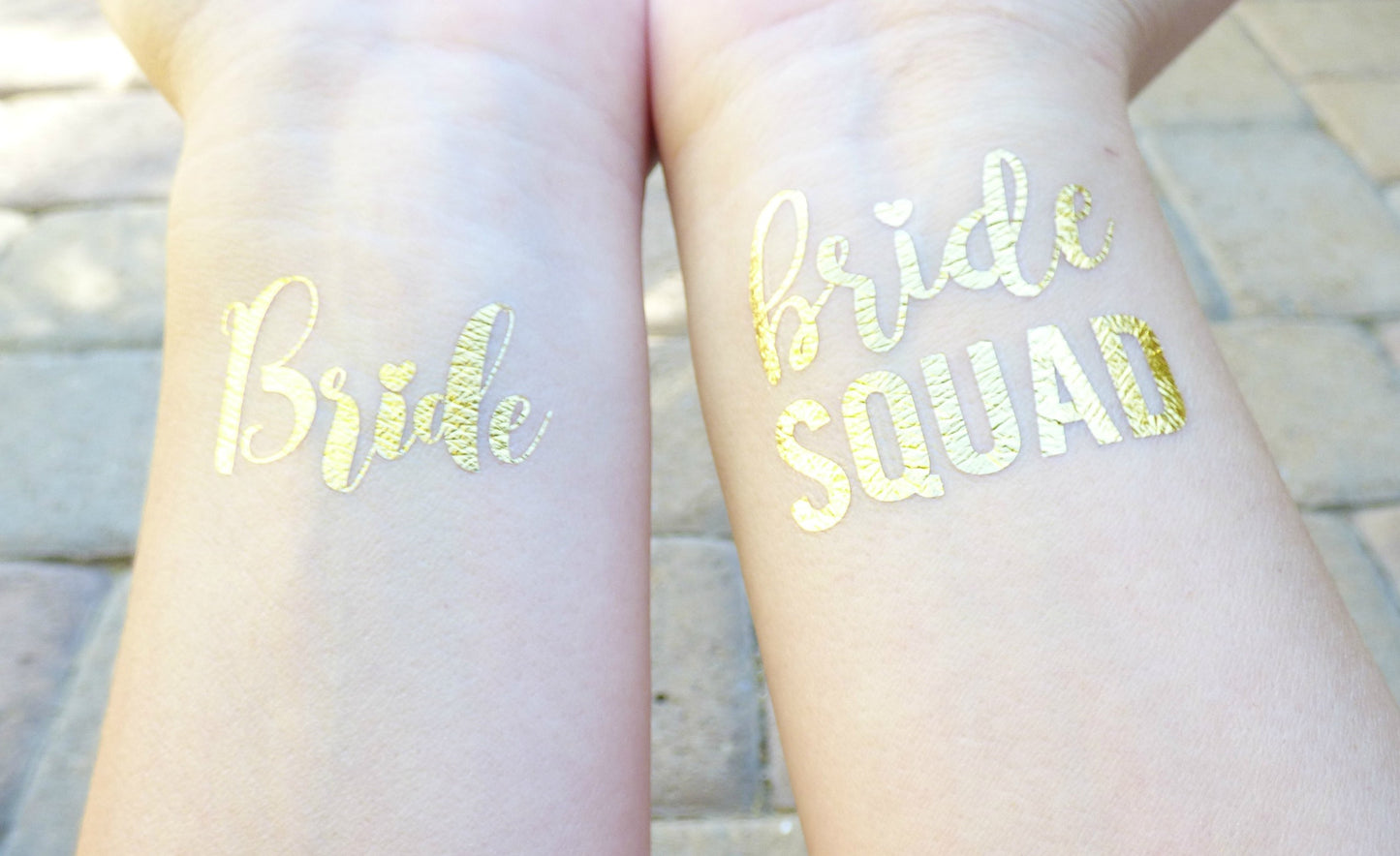 Bride and Bride Squad temporary tattoos on wrist for bachelorette party