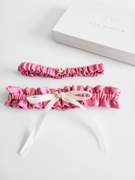 Dusty Rose Satin Bridal Garter Set - Ella Winston