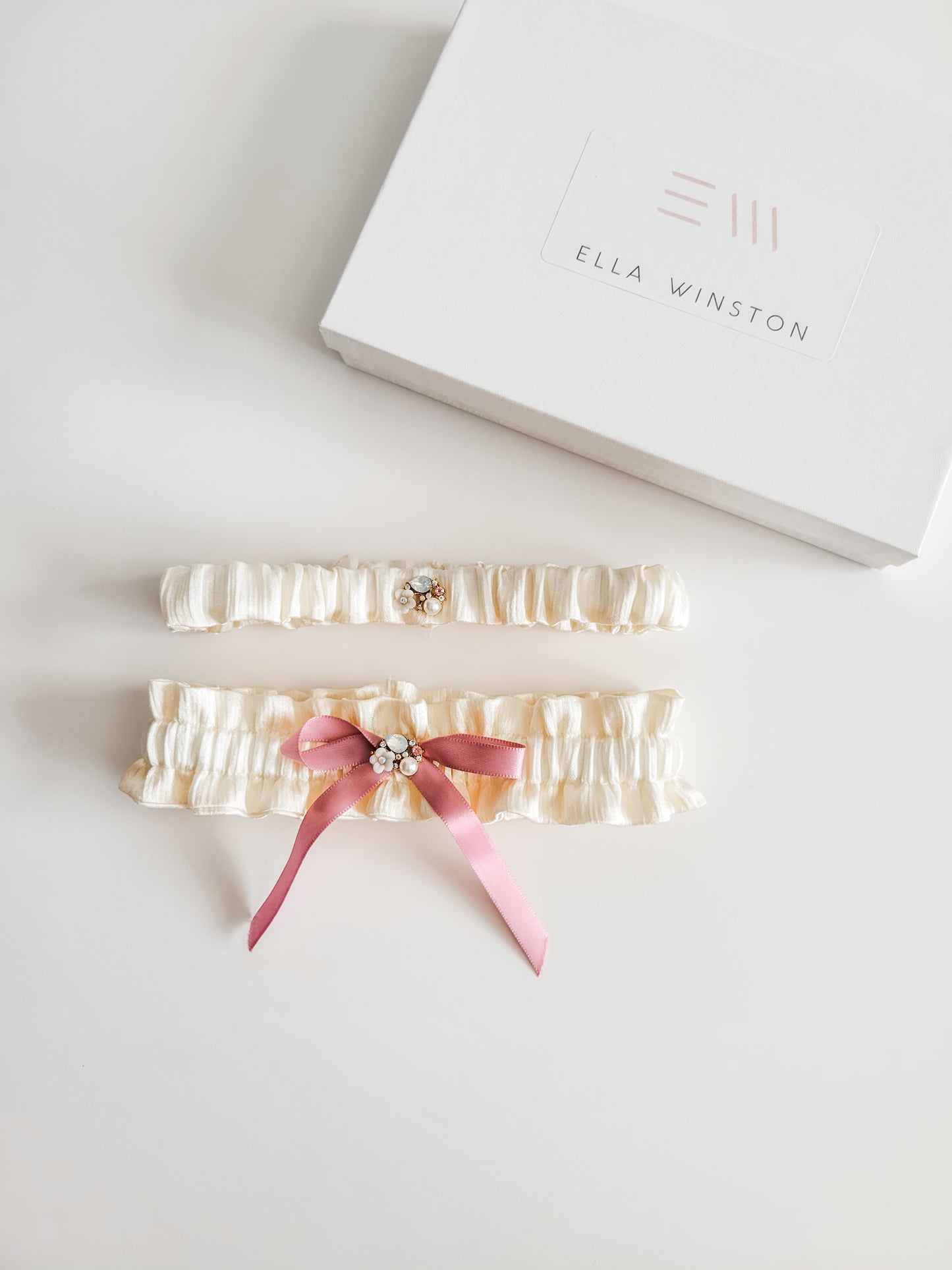 Cream Crinkle Satin Bridal Garter Set With Rose Pink Bow and Floral Jewel Center - Ella Winston