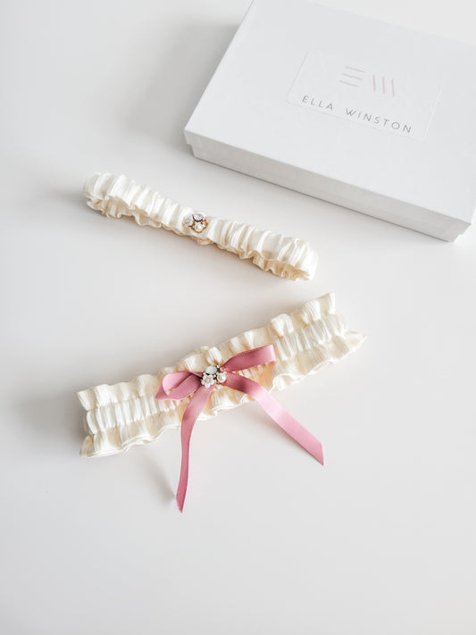 Cream Crinkle Satin Bridal Garter Set With Rose Pink Bow and Floral Jewel Center - Ella Winston