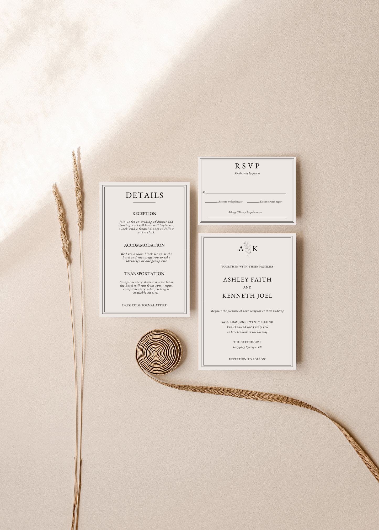 Minimalistic Monogram Wedding Invitation Set Template EWP002