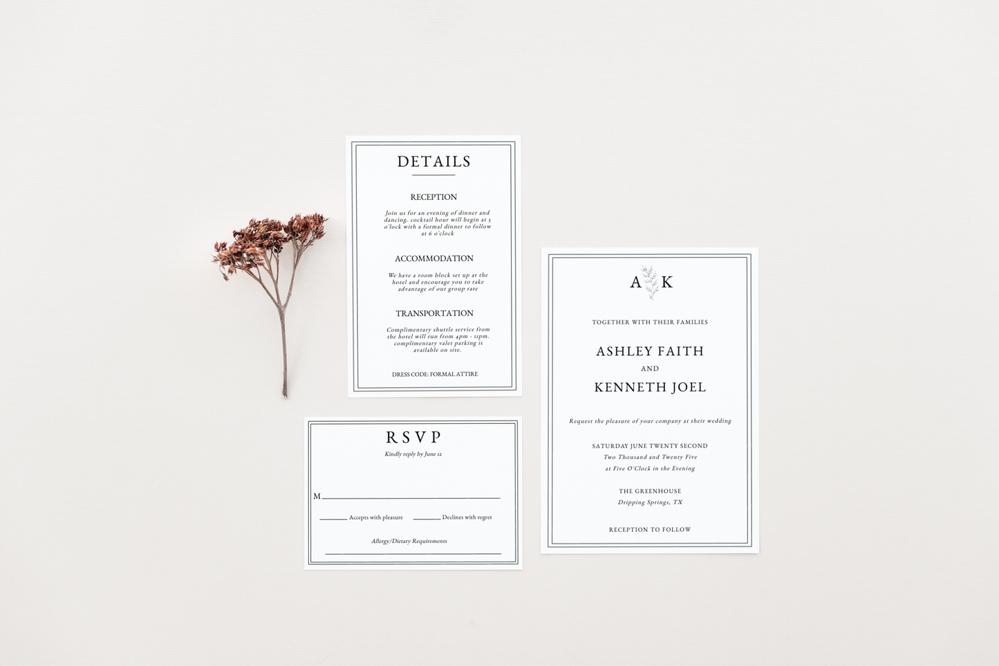 Minimalistic Monogram Wedding Invitation Set Template EWP002