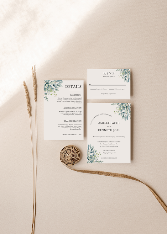 Greenery Eucalyptus Wedding Invitation Set With QR Code in Four Different Styles EWP003