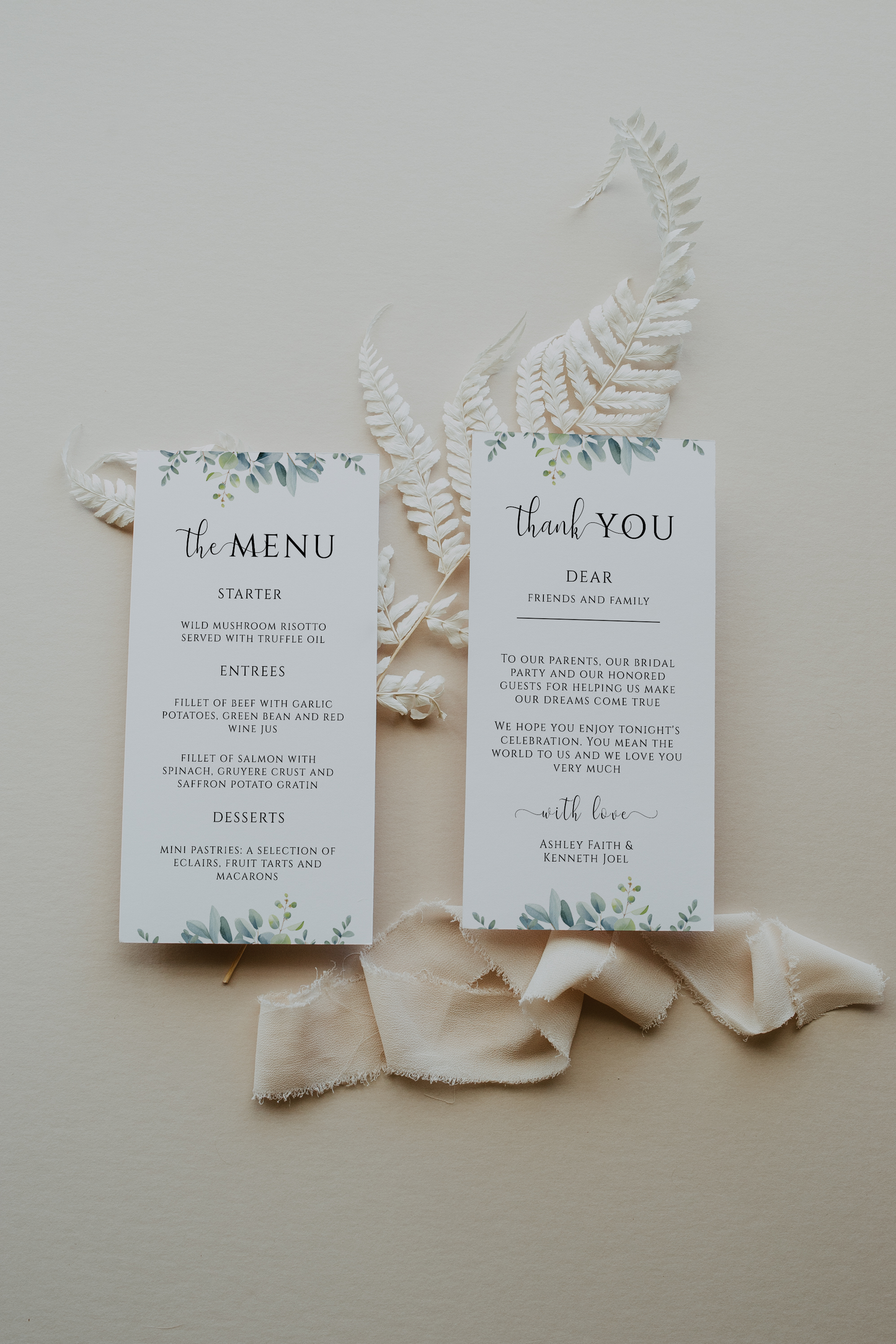 Eucalyptus Wedding Menu and Thank You Card Template EWP003