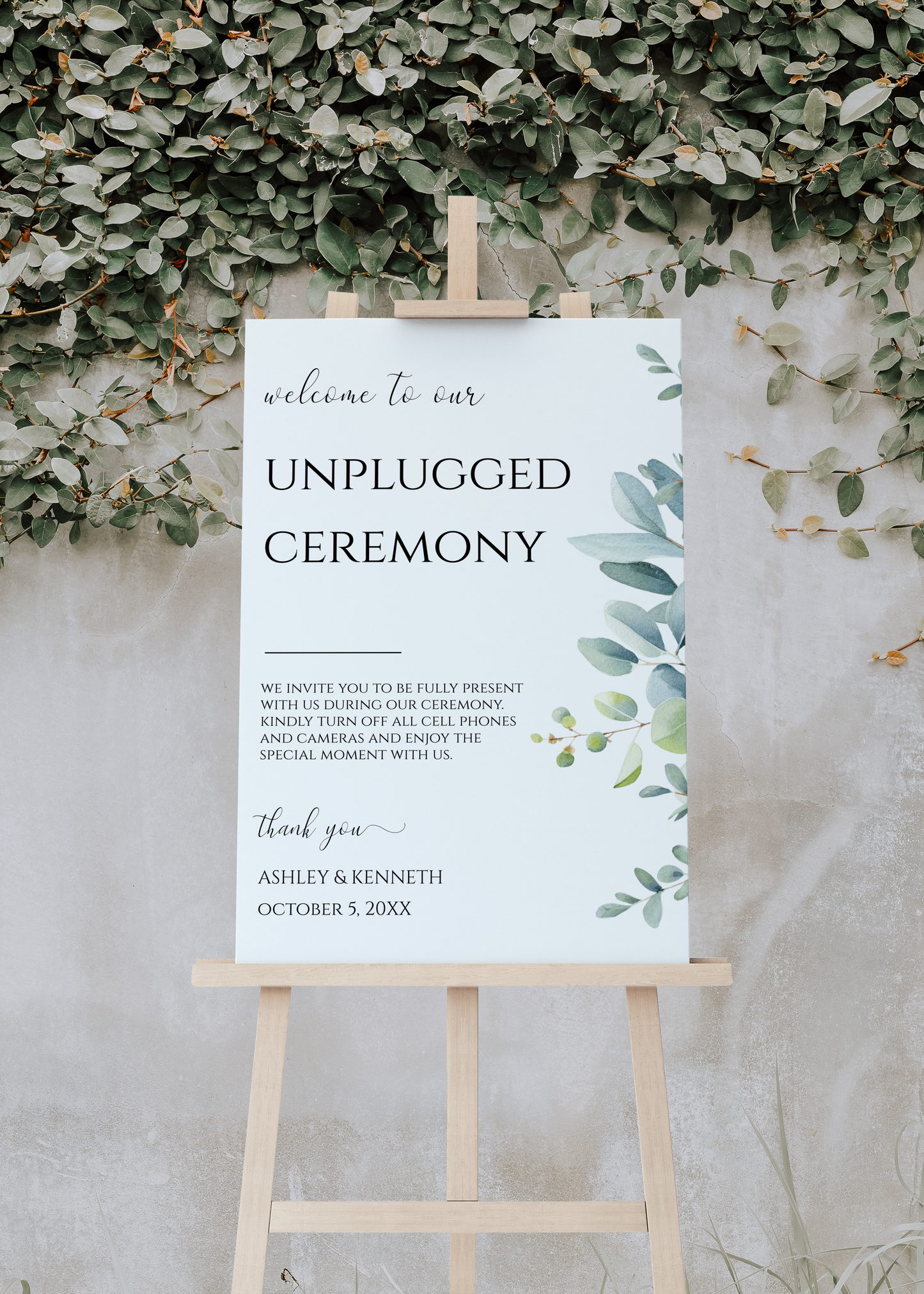 Eucalyptus Unplugged Wedding Ceremony Sign Template EWP003